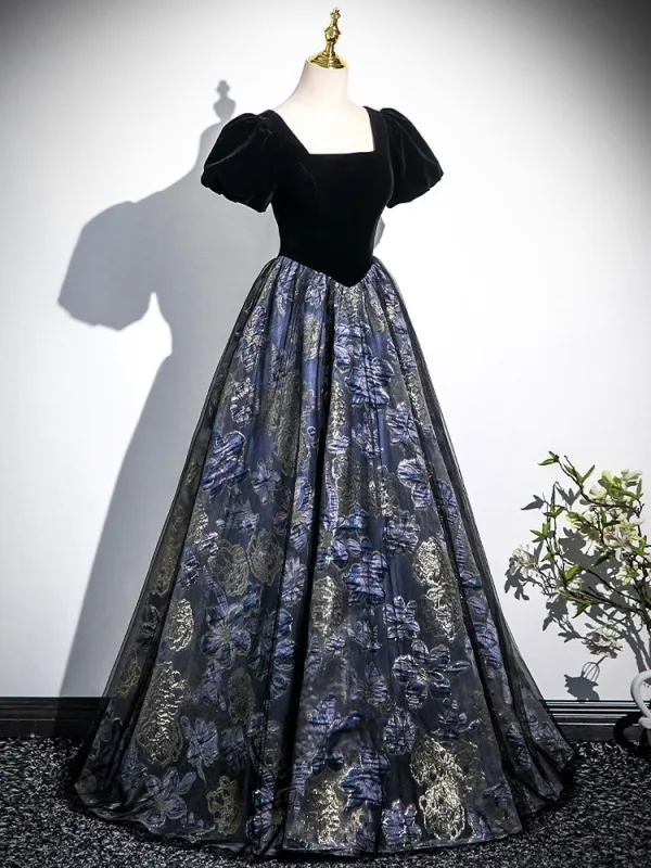 Vintage / Retro Black Printing Prom Dresses 2025 A-Line / Princess Square Neckline Puffy Short Sleeve Backless Floor-Length / Long Formal Dresses