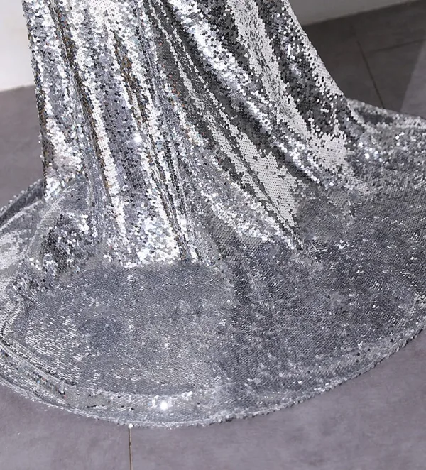 Sexy Schwarz Pailletten Abendkleider 2024 Ballkleid Off Shoulder Kurze Ärmel Rückenfreies Sweep / Pinsel Zug Abend Festliche Kleider