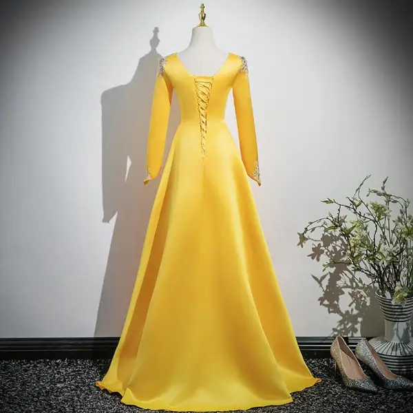 Vintage / Retro Yellow Rhinestone Lace Flower Prom Dresses 2025 A-Line / Princess V-Neck Long Sleeve Backless Floor-Length / Long Prom Formal Dresses