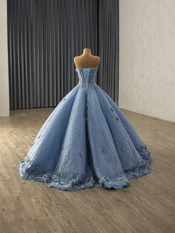 Luxury / Gorgeous Flower Fairy Pool Blue Handmade  Beading Pearl Sequins Appliques Prom Dresses 2025 Ball Gown Strapless Sleeveless Backless Floor-Length / Long