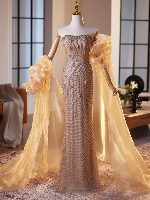 Sexy Champagne Rhinestone Evening Dresses 2025 Trumpet / Mermaid Strapless Sleeveless Backless Floor-Length / Long Evening Party Formal Dresses