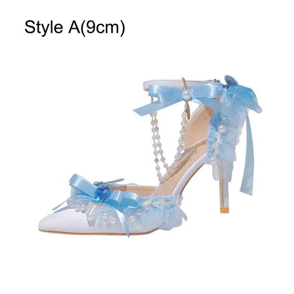 Charmant Himmelblau Perle Schleife Ball Sandalen Damen 2024 9 cm Stilettos Hochhackige Spitzschuh Sandaletten