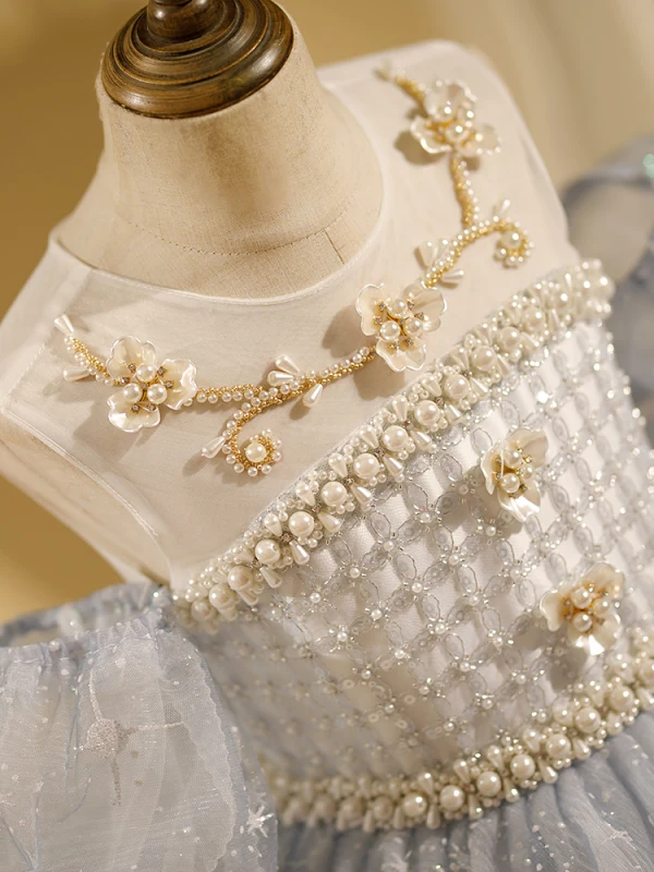 Chic / Beautiful Grey Beading Pearl Sequins Cascading Ruffles Birthday Flower Girl Dresses 2024 Ball Gown Scoop Neck Short Sleeve Backless Bow Floor-Length / Long