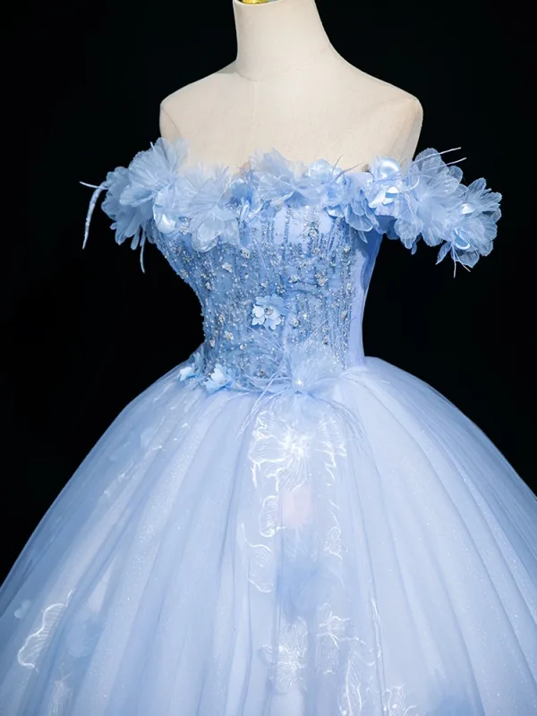 Elegant Sky Blue Beading Appliques Prom Dresses 2025 Ball Gown Off-The-Shoulder Short Sleeve Backless Floor-Length / Long Formal Dresses