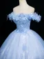 Elegant Sky Blue Beading Appliques Prom Dresses 2025 Ball Gown Off-The-Shoulder Short Sleeve Backless Floor-Length / Long Formal Dresses