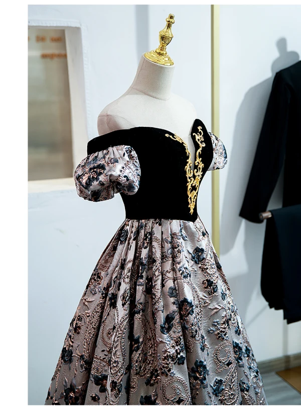 Elegant Black Printing Prom Dresses 2022 A-Line / Princess Off-The-Shoulder Puffy Short Sleeve Backless Floor-Length / Long Formal Dresses