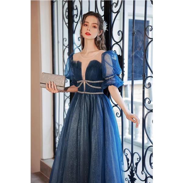 Chic / Beautiful Ocean Blue Sequins Prom Dresses 2022 A-Line / Princess Scoop Neck Short Sleeve Floor-Length / Long Prom Formal Dresses