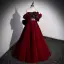 Fashion Burgundy Ruffle Prom Dresses 2022 Ball Gown Off-The-Shoulder Bow Short Sleeve Backless Floor-Length / Long Prom Formal Dresses