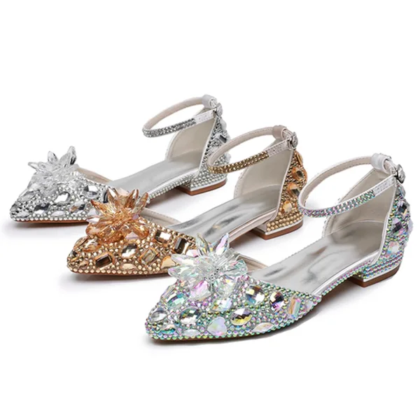 Charming Gold Rhinestone Flat Wedding Shoes 2024 Ankle Strap Pointed Toe Wedding Sandals