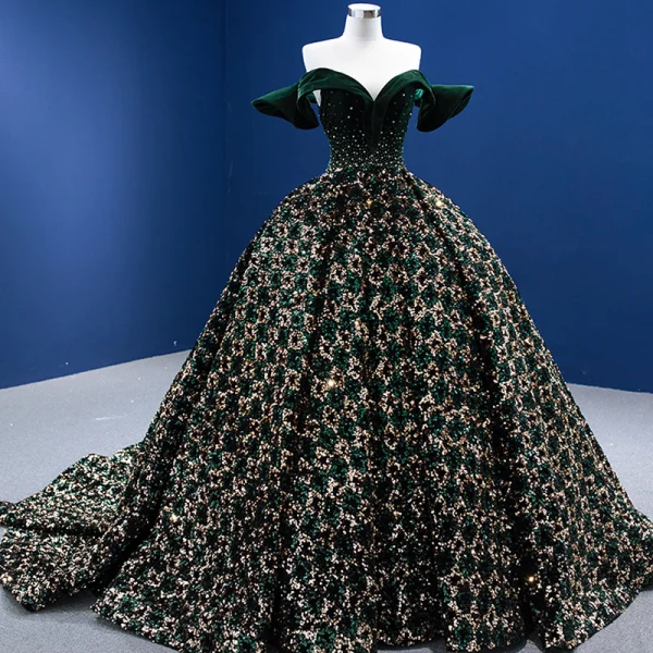 Scintillantes Vert Foncé Perlage Paillettes Daim Robe De Bal 2022 Robe Boule De l'épaule Manches Courtes Dos Nu Chapel Train Promo Robe De Ceremonie