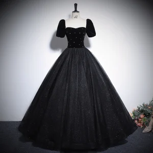 Audrey Hepburn Style Black Glitter Rhinestone Prom Dresses 2024 Ball Gown Square Neckline Short Sleeve Backless Floor Length Long Prom Formal Dresses