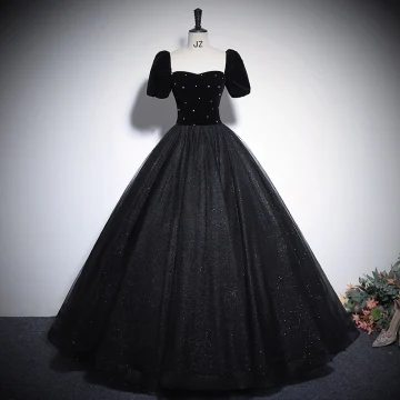 Audrey Hepburn Stijl Zwarte Glans Rhinestone Galajurken 2024 Baljurk Vierkante Halslijn Korte Mouwen Ruglooze Lange Gala Gelegenheid Jurken