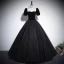 Audrey Hepburn Style Black Glitter Rhinestone Prom Dresses 2024 Ball Gown Square Neckline Short Sleeve Backless Floor-Length / Long Prom Formal Dresses
