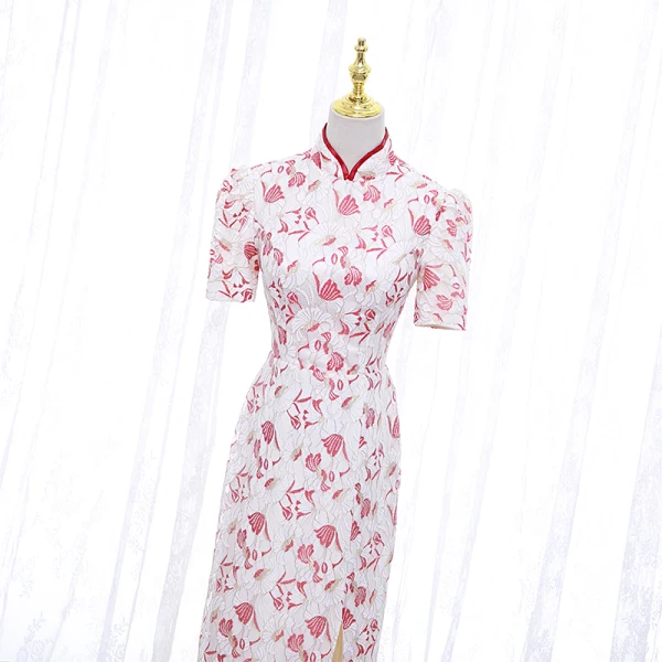 Charming Lace Flower White Cheongsam 2022 Trumpet / Mermaid High Neck Short Sleeve Backless Split Front Floor-Length / Long Evening Party Cheongsam / Qipao