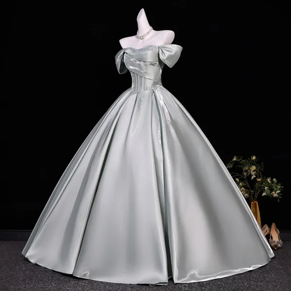 Classy Silver Satin Prom Dresses 2026 Ball Gown Off-The-Shoulder Short Sleeve Backless Floor-Length / Long Formal Dresses