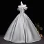 Classy Silver Satin Prom Dresses 2026 Ball Gown Off-The-Shoulder Short Sleeve Backless Floor-Length / Long Formal Dresses