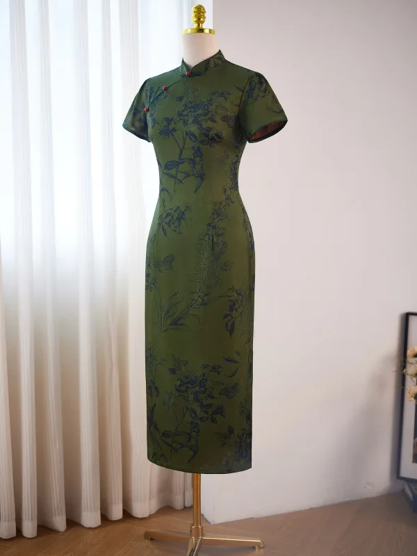 Vintage / Retro Chinese style Dark Green Summer Printing Cheongsam 2024 Trumpet / Mermaid High Neck Short Sleeve Tea-length