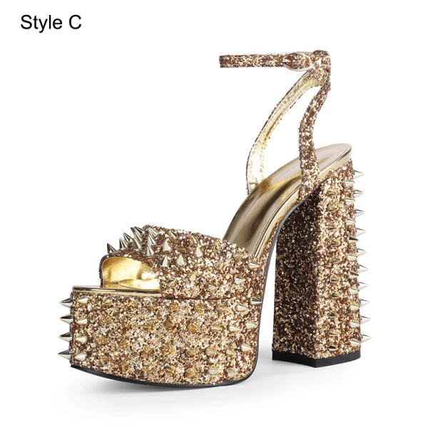 Inhabituel Sexy Fushia Cocktail Rivet Sandales Femme 2023 Bride Cheville 15 cm Talons Épais Peep Toes / Bout Ouvert Sandales Talons Hauts