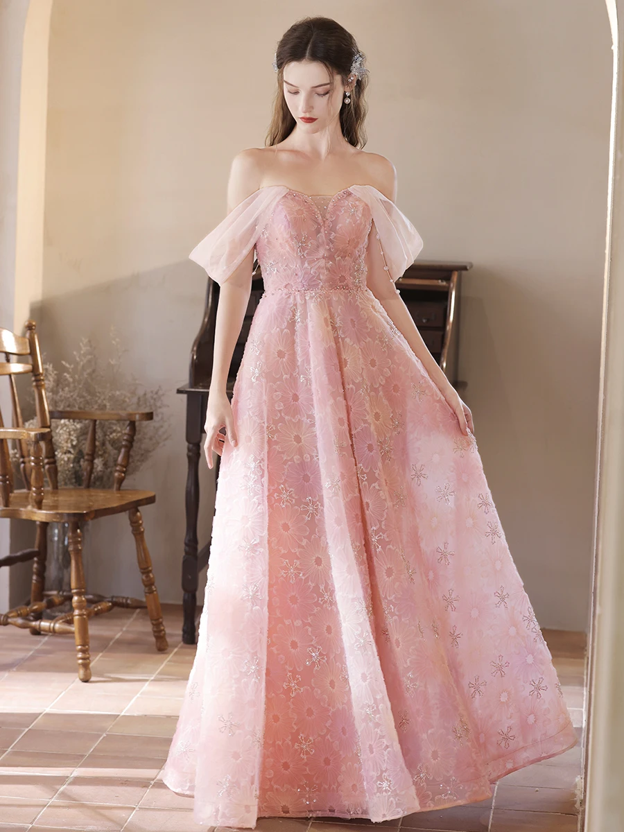 Lovely Blushing Pink Beading Lace Flower Prom Dresses 2024 A-Line Princess Sleeveless