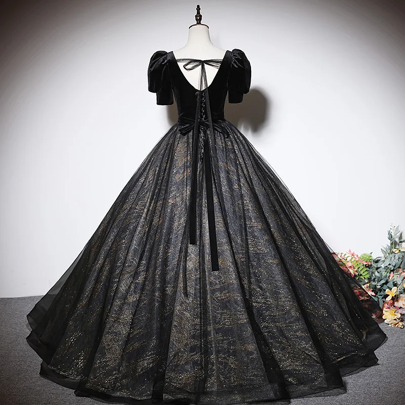 Elegant Black Glitter Prom Dresses 2023 Ball Gown Square Neckline Rhinestone Short Bow Elegant Black Glitter Prom Dresses 2023 Ball Gown Square Neckline Rhinestone Short Bow
