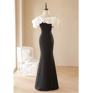 Sexy Noire Robe De Soirée 2023 Trompette Sirène Volants De L Épaule Manches Courtes Dos Nu Longue Soirée Robe De Ceremonie