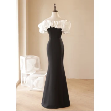 Sexy Noire Robe De Soirée 2023 Trompette Sirène Volants De L Épaule Manches Courtes Dos Nu Longue Soirée Robe De Ceremonie