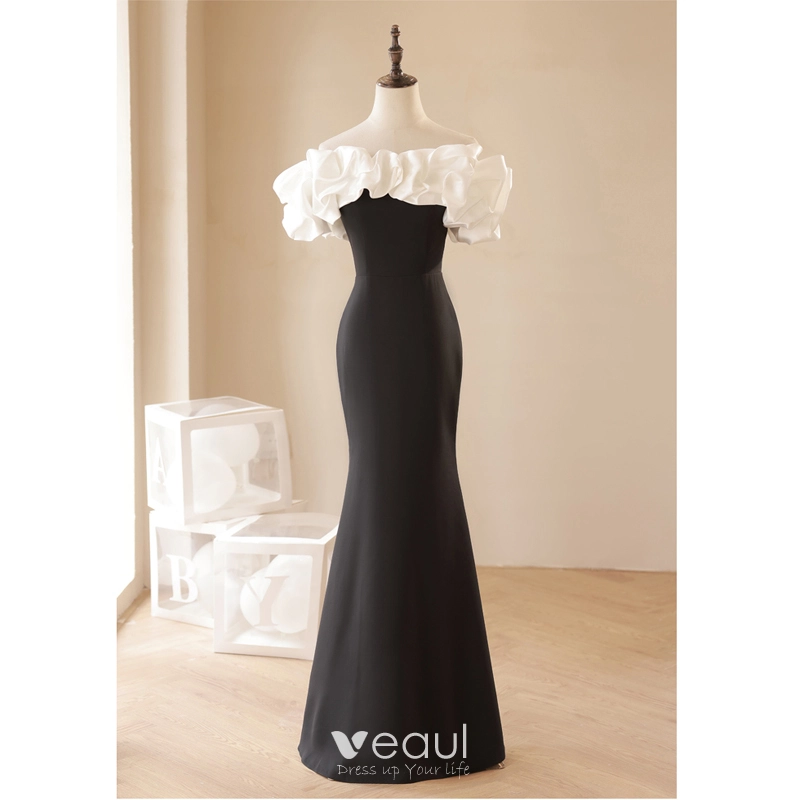 Sexy Black Evening Dresses 2023 Trumpet / Mermaid Ruffle Off-The-Shoulder  Short Sleeve Backless Floor-Length / Long Evening Party Formal Dresses