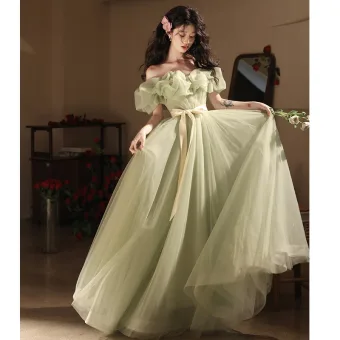 Chic Belle Vert Cendré Noeud Ceinture Robe De Bal 2024 Princesse Volants De L Épaule Manches Courtes Dos Nu Longue Promo Robe De Ceremonie