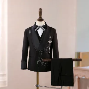 Style Chinois Noire Faux Diamant 6 Pièces Manches Longues Costume Garçon Mariage 2025 Bijoux De Corps Manteau Pantalon Chemise Cravate Gilet