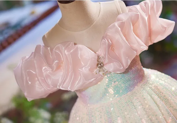 Mode Dégradé De Couleur Paillettes Anniversaire Longue Robe Ceremonie Fille 2025 Robe Boule Encolure Dégagée Manches Courtes Dos Nu