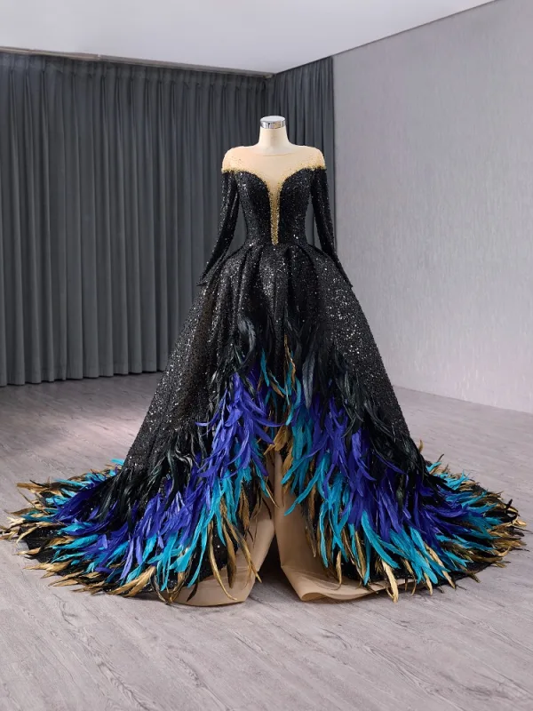 Unusual Luxury / Gorgeous Black Beading Sequins Multi-Colors Feather Prom Dresses 2024 Ball Gown Scoop Neck Long Sleeve Court Train Prom Formal