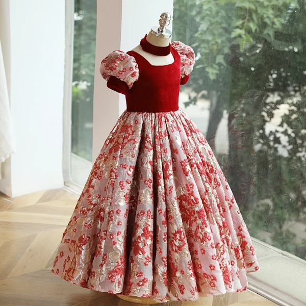 Chic / Beautiful Burgundy Printing Birthday Flower Girl Dresses 2023 Ball Gown Square Neckline Short Sleeve Backless Floor-Length / Long Flower Girl Dresses