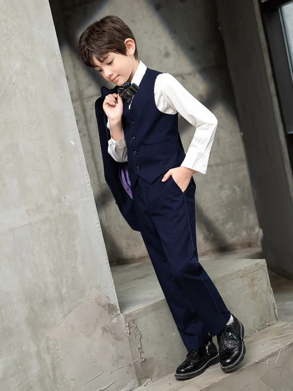 Fashion Navy Blue 5-piece Long Sleeve Boys Wedding Suits 2022 Wedding Coat Pants Shirt Tie Vest