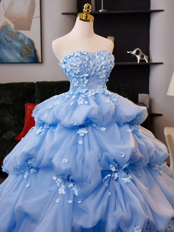 Charming Sky Blue Pearl Appliques Cascading Ruffles Prom Dresses 2025 Ball Gown Strapless Sleeveless Backless Sweep Train Formal Dresses