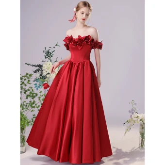 Chic Belle Bordeaux Satin Robe De Bal 2023 Princesse De L Épaule Appliques Sans Manches Dos Nu Longue Promo Robe De Ceremonie