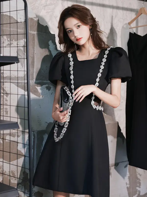 Audrey Hepburn Style Black Rhinestone Evening Dresses Party Dresses 2022 A-Line / Princess Square Neckline Puffy Short Sleeve Knee-Length Evening Party Formal Dresses