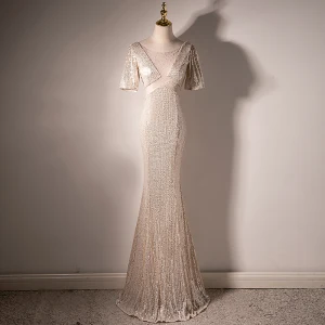 Sparkly Charming Champagne Beading Sequins Evening Dresses 2022 Trumpet Mermaid Scoop Neck Short Sleeve Backless Floor Length Long Evening Party Formal Dresses
