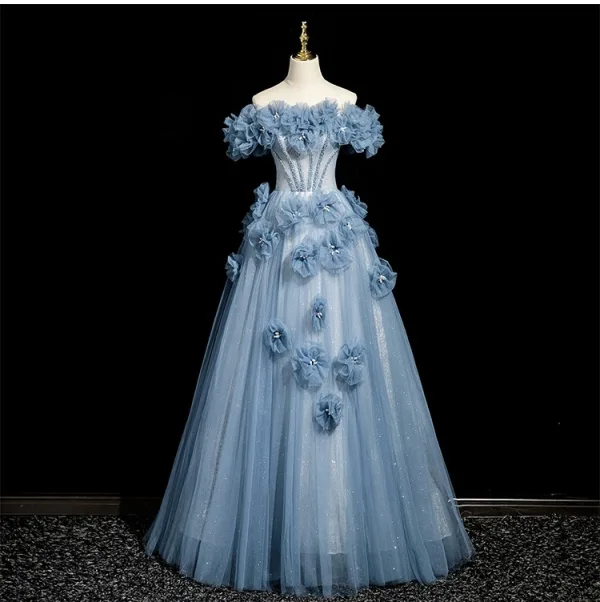 Chic / Beautiful Sky Blue Appliques Rhinestone Prom Dresses 2025 A-Line / Princess Off-The-Shoulder Short Sleeve Backless Floor-Length / Long Prom Formal Dresses