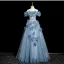 Chic / Beautiful Sky Blue Appliques Rhinestone Prom Dresses 2025 A-Line / Princess Off-The-Shoulder Short Sleeve Backless Floor-Length / Long Prom Formal Dresses
