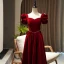 Elegant Burgundy Pearl Prom Dresses 2022 A-Line / Princess Square Neckline Short Sleeve Backless Bow Floor-Length / Long Prom Formal Dresses