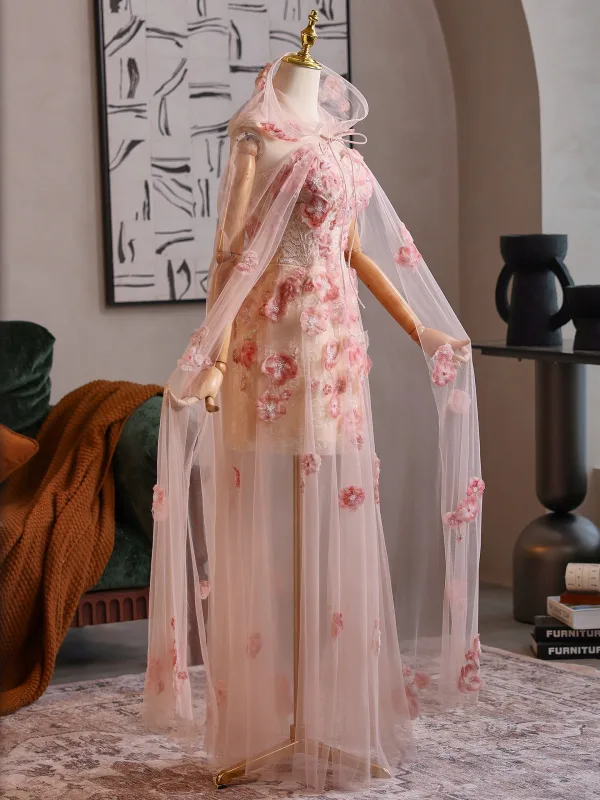 Flower Fairy Blushing Pink Beading Pearl Appliques Prom Dresses 2025 A-Line / Princess Scoop Neck Long Sleeve Backless Floor-Length / Long Formal Dresses