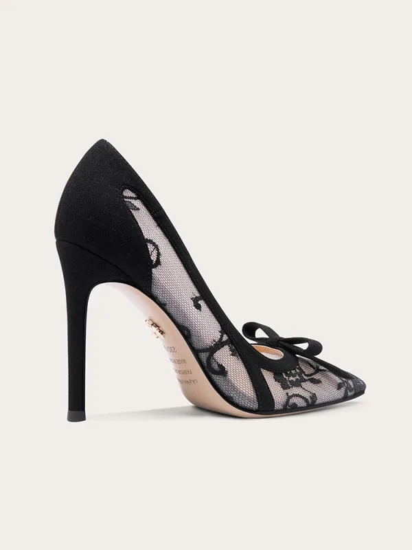 Sexy Zwarte Kant Bloem Strik Gala Pumps 2024 Leer 10 cm Naaldhakken / Stiletto Spitse Neus Pumps Hoge Hakken