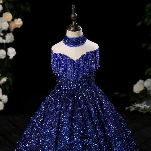 Sparkly Navy Blue Beading Tassel Sequins Birthday Flower Girl Dresses 2024 Ball Gown High Neck Sleeveless Floor-Length / Long