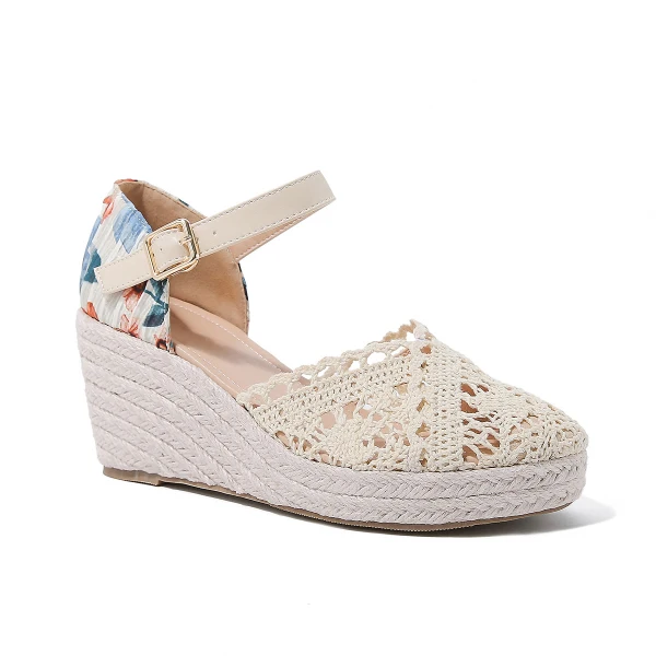 Fashion Summer Beige Street Wear Womens Sandals 2023 Ankle Strap 7 cm Wedges Round Toe Womens Shoes