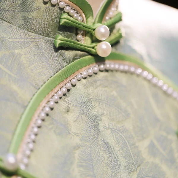 Chinese style Sage Green Pearl Printing Silk Prom Cheongsam 2024 Trumpet / Mermaid High Neck Short Sleeve Tea-length