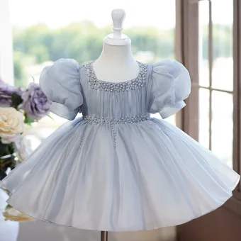 Élégant Gris Perle Courte Anniversaire Robe Ceremonie Fille 2024 Robe Boule U Cou Gonflée Manches Courtes Noeud