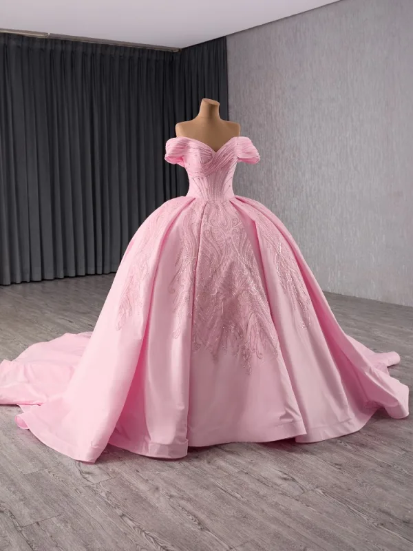 Schön Rosa Handgefertigt Strass Pailletten Brautkleider / Hochzeitskleider 2024 Ballkleid Off Shoulder Kurze Ärmel Rückenfreies Kapelle-Schleppe Hochzeit