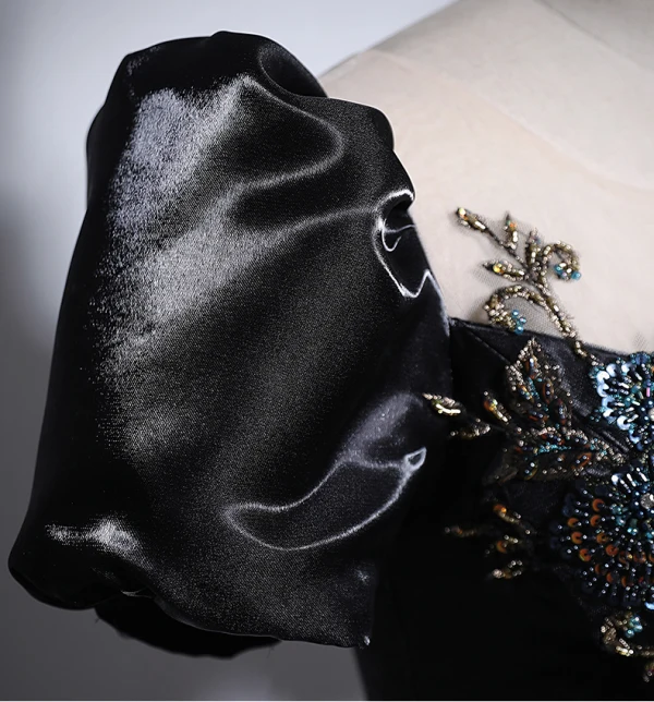 Elegant Black Beading Sequins Prom Dresses Ball Gown 2024 Scoop Neck Puffy Short Sleeve Backless Floor-Length / Long Prom Formal Dresses