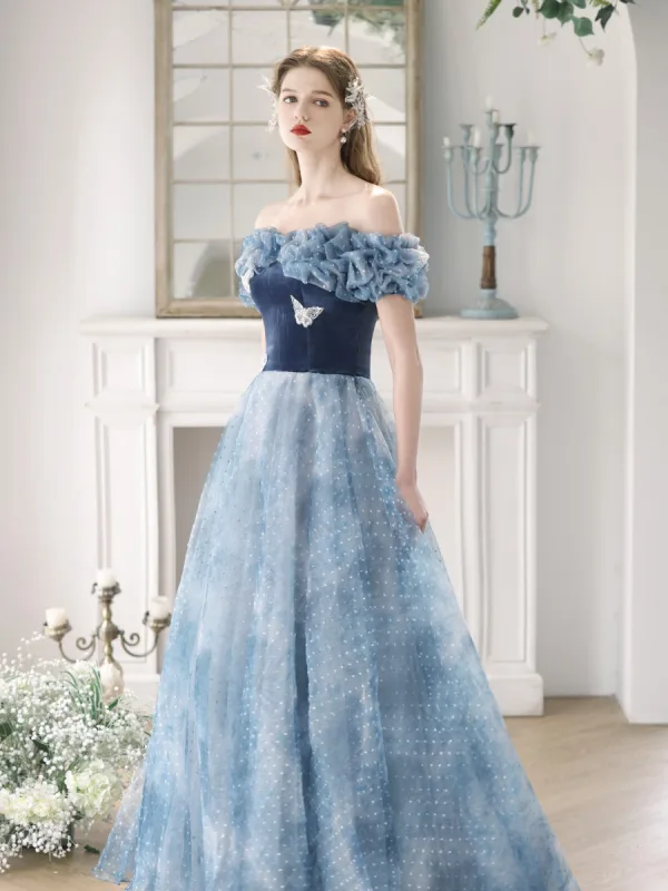 Mode Meeresblau Perle Schmetterling Geflecktes Ballkleider 2023 A Linie Rüschen Off Shoulder Kurze Ärmel Rückenfreies Lange Ball Festliche Kleider