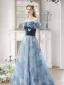 Mode Meeresblau Perle Schmetterling Geflecktes Ballkleider 2023 A Linie Rüschen Off Shoulder Kurze Ärmel Rückenfreies Lange Ball Festliche Kleider